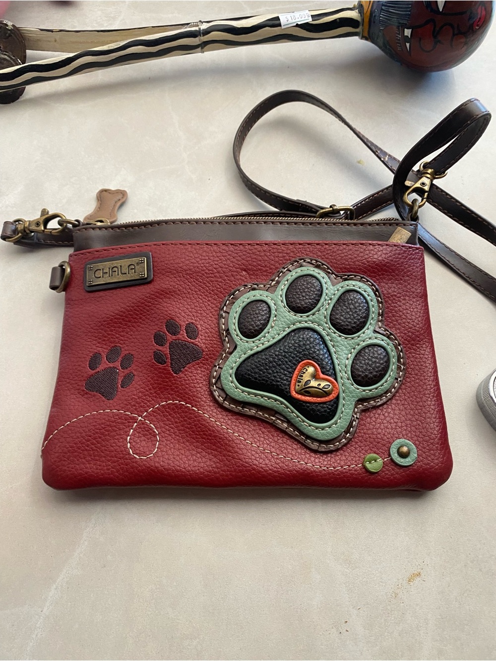 Chala Red Paw Applique Crossbody Wristlet